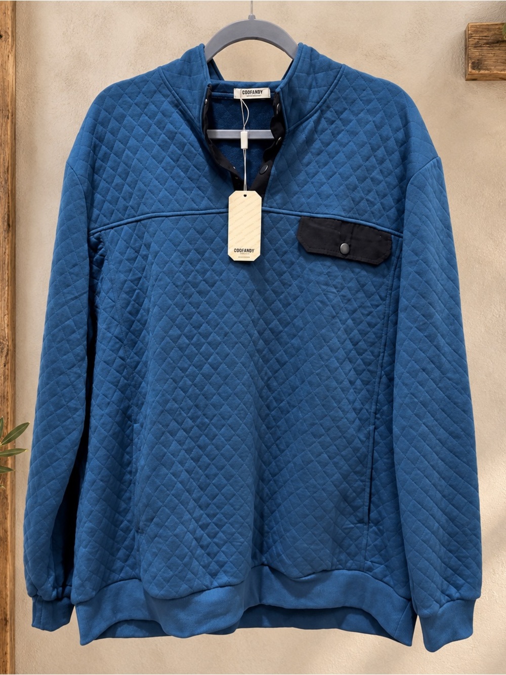 COOFANDY Men’s XXL Teal Blue Quilted Snap Neck Pullover Sweatshirt NWT